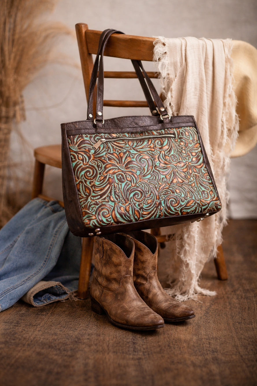 Patricia Nash Tooled Turquoise Floral Leather Tote Boho Western Shoulder Bag